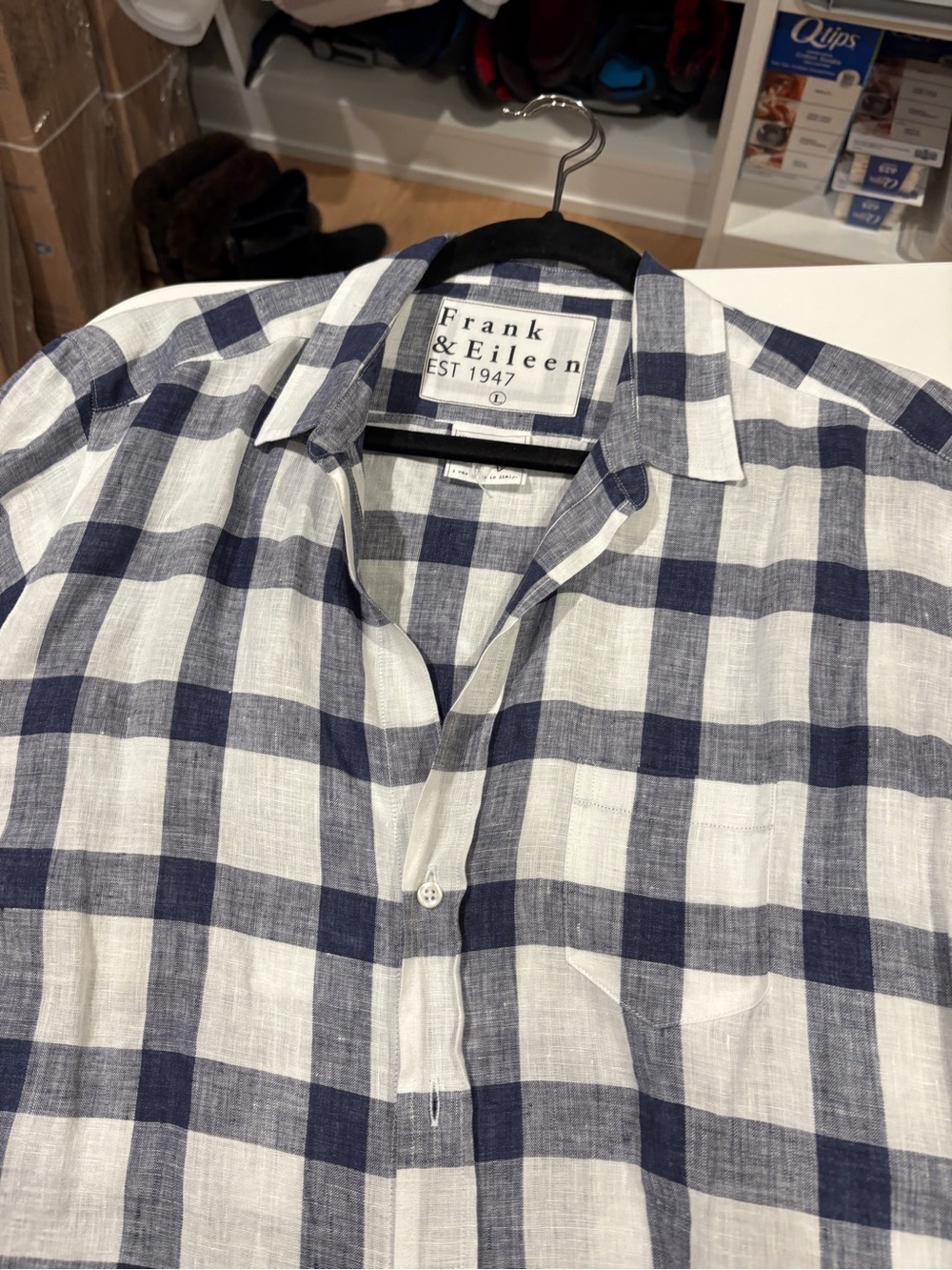 Frank & Eileen “Eileen” 100% Linen Button-Down — Navy & White Check, Size L - Picture 5 of 6